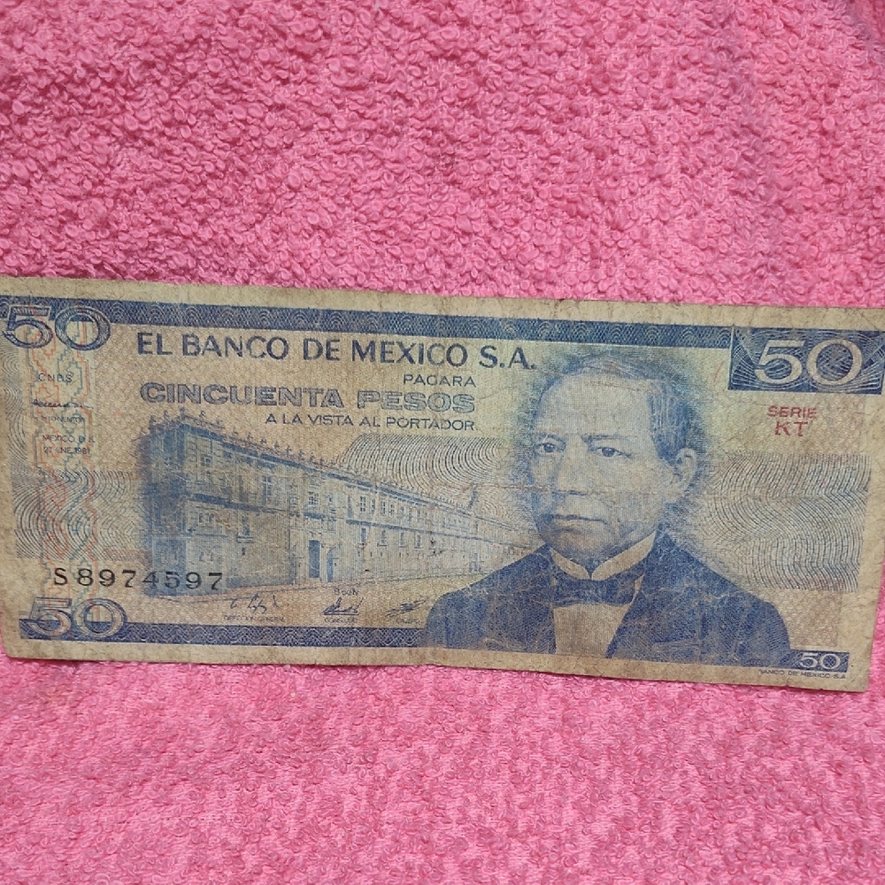 Vintage 50 Peso Mexican Banknote - Blue on Pink Background